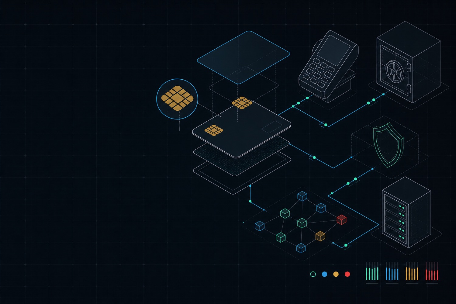 Blueprint schematic of a bank card exploded into layers with routing lines