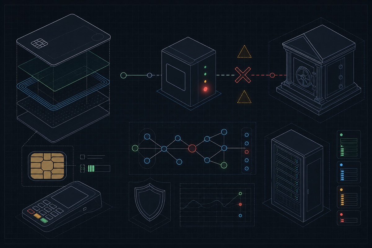 Schematic of a declined transaction with a broken routing line and alert markers