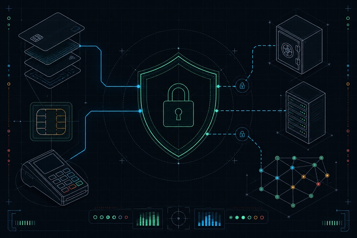 Schematic security shield with encrypted routing lines